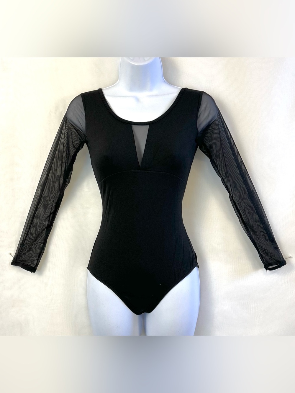 New Women's Black Long Sheer Sleeves Mesh Bodysuit / small